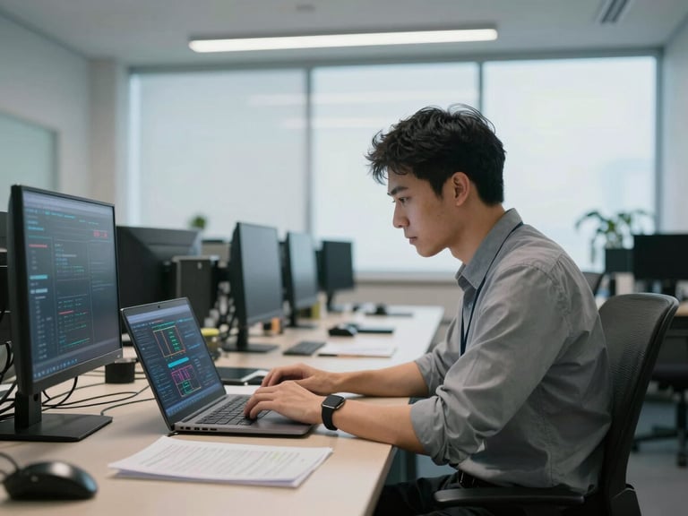 A clean, modern, distraction-free secure operations room with a professional operator analyzing data on a laptop, cool daytime lighting