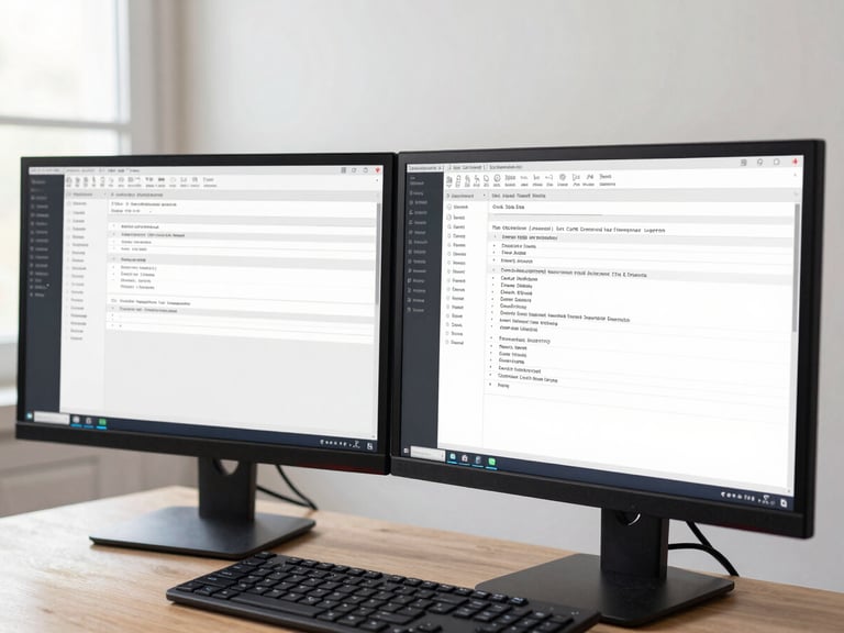 Close-up of a secure, high-end dual monitor setup showing clean system dashboards with structured data patterns, bright daylight-balanced studio lighting