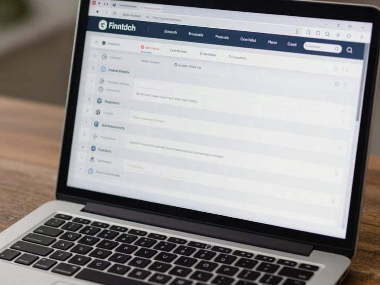 A close-up of a secure laptop screen displaying a clean, modern fintech database dashboard with encrypted fields, slate gray interface, daylight-balanced lighting
