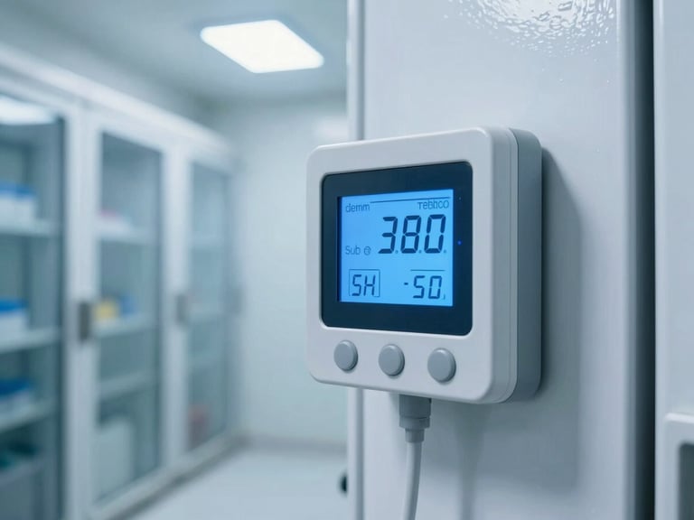 Digital thermostat readout showing sub-zero temperatures inside a clean cold storage warehouse, crisp utility lighting, cool blue tones