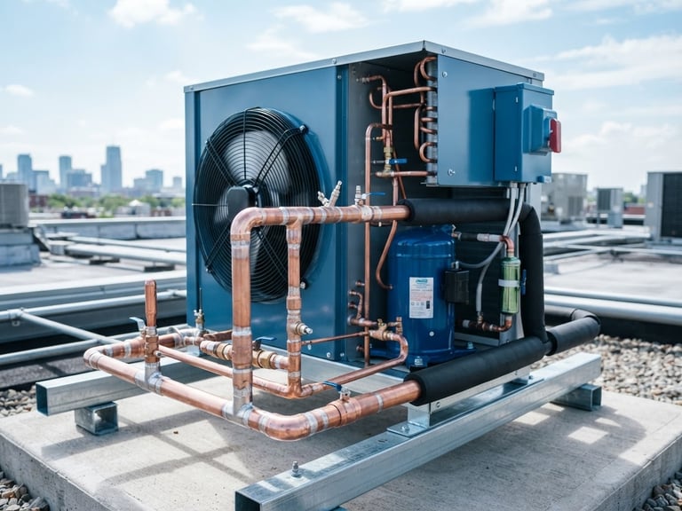 Sharp commercial photography of a pristine commercial refrigeration condenser unit, clean copper piping welds, bright utility lighting, cool metallic and blue tones, high-contrast 35mm shot.