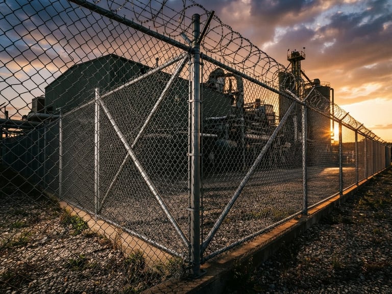 Wide panoramic view of a heavy-gauge chain link fence securing an industrial complex at sunset, sharp shadows, hard light, metallic textures, low angle, showing structural rigidity.