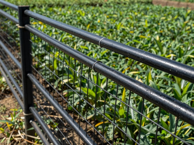 Close-up of freshly installed tar fencing, thick black coating on wires, in a rural Gujarat agricultural field under direct sunlight, high-contrast.