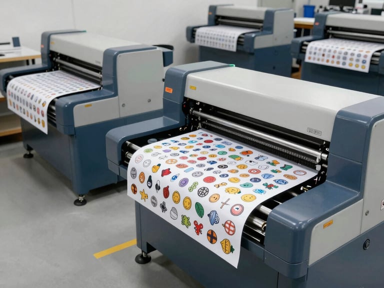 Wide panoramic shot of a modern, clean printing factory floor with advanced machinery, bright studio lighting, focus on precision and scale, subtle shadows, 50mm lens.