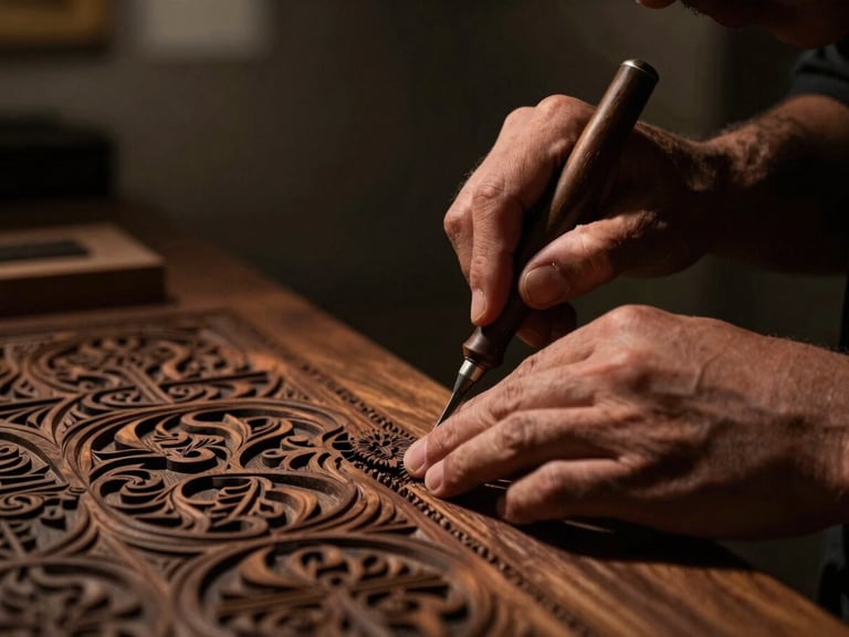 A close-up of a master artisan's hands carving intricate patterns into dark textured wood, warm gallery spotlight from the side, deep shadows, rich earth tones, high-contrast, 50mm lens.