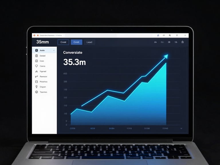 Analytics dashboard graphic on a laptop, showing conversion rates and cost per lead metrics with upward trending graphs, dark background, neon blue accents, studio lighting.