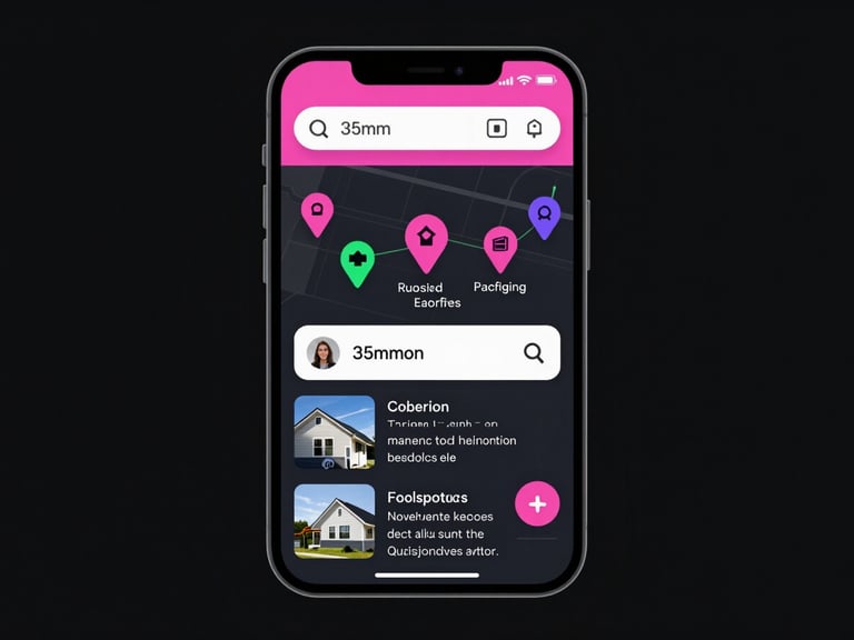 Google Maps interface on a smartphone, showing multiple pins for local service businesses, with a search result highlighting a roofing contractor, dark background, neon pink accents, studio lighting.