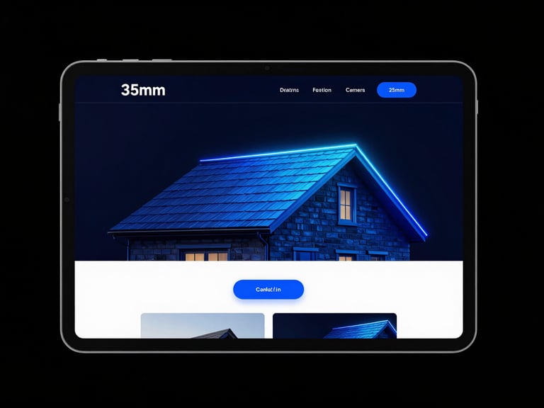 Modern website mockup on a tablet, showcasing a clean design for a roofing company, with a clear call-to-action button, dark background, neon blue accents, studio lighting.