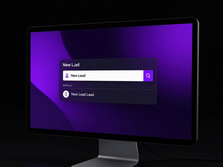 Lead notification interface on a desktop monitor, displaying a new lead alert with contact details and service request, dark background, neon purple accents, studio lighting, slight bleed right.