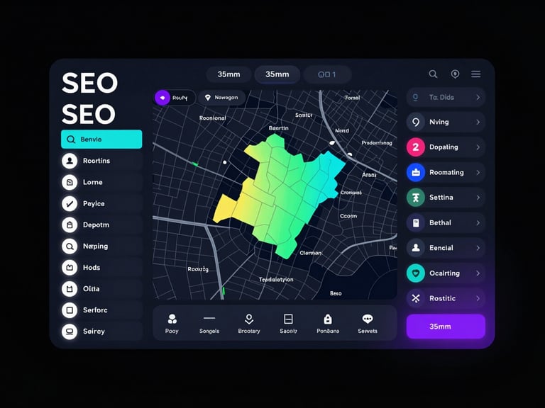 Digital dashboard with local SEO map showing a a roofing company's service area and lead notifications, high-contrast, neon accents.
