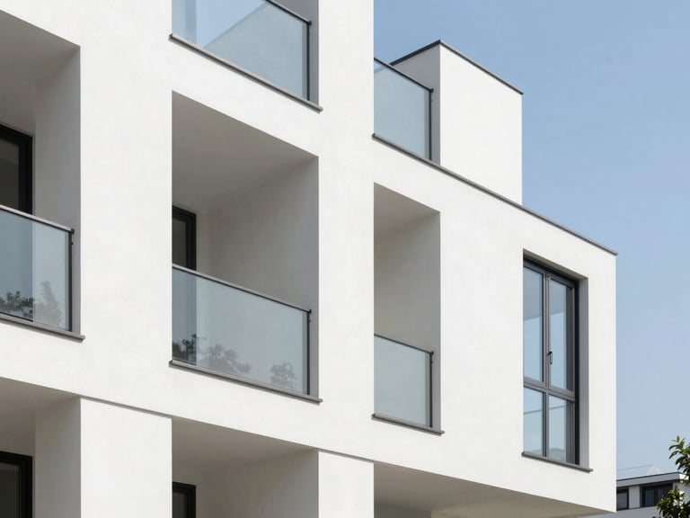 Sharp architectural photography of a modern apartment interior with clean lines, pristine white walls, and bright daylight, 35mm lens