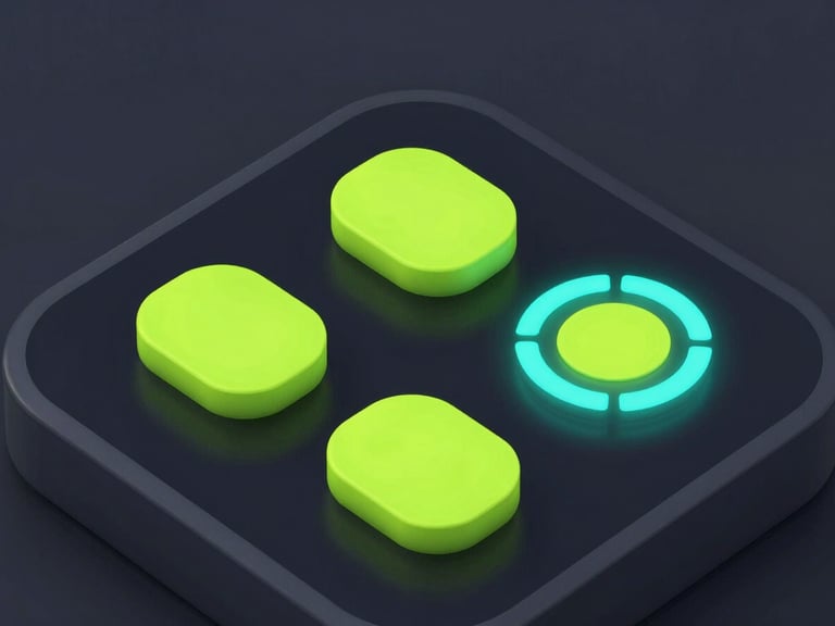 Isometric close-up of a sleek Android user interface on a dark screen, glowing neon lime green toggles and cyan progress rings, high-contrast studio lighting