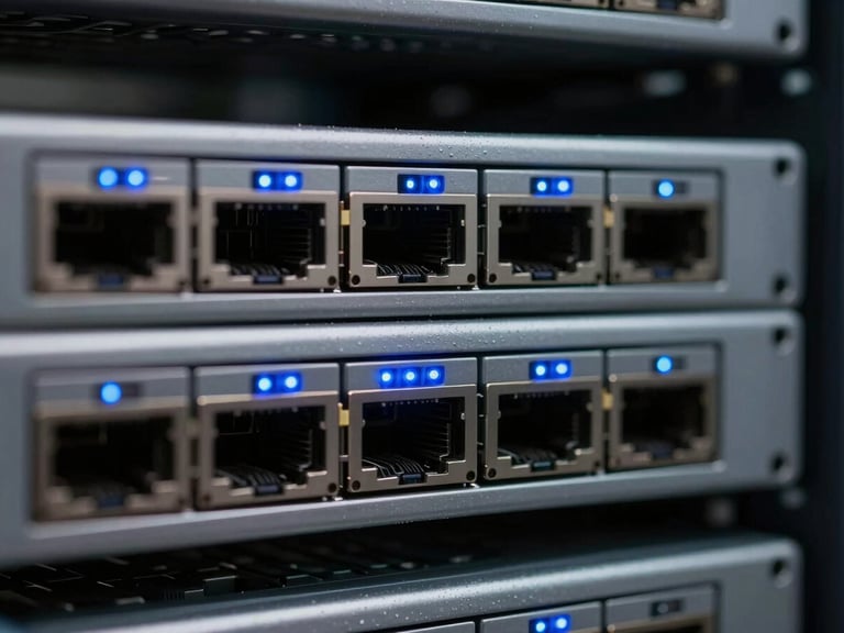 Close up macro shot of high-end network equipment, blinking blue LED status lights in a clean server rack, shallow depth of field.
