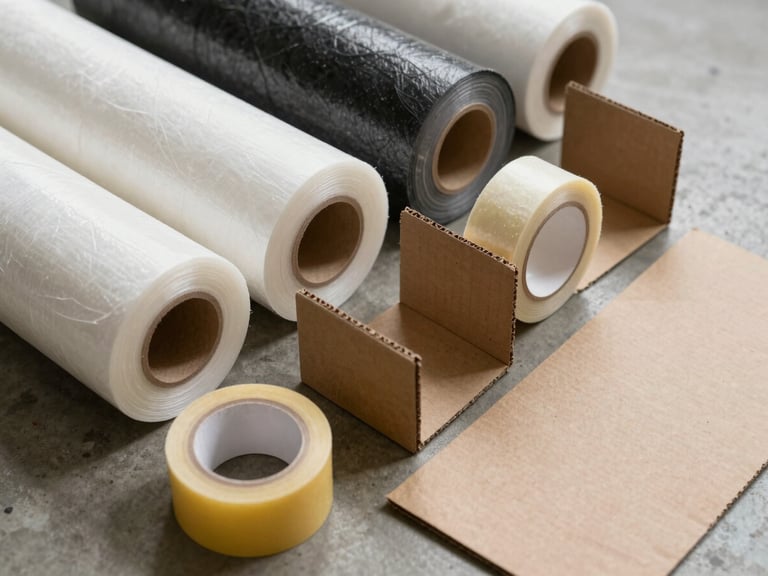 Close-up overhead study of assorted packaging materials arranged on a concrete warehouse floor — rolls of stretch film, cardboard corner protectors, strapping tape rolls, and kraft paper sheets, under clean overhead factory lighting, no people, textures sharp and well-lit