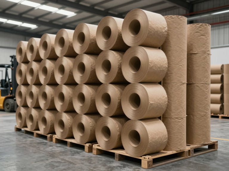 Wide environmental shot of brown kraft paper rolls stacked three levels high in a warehouse interior, clean overhead factory lighting, forklift tracks visible on the concrete floor, no workers in frame