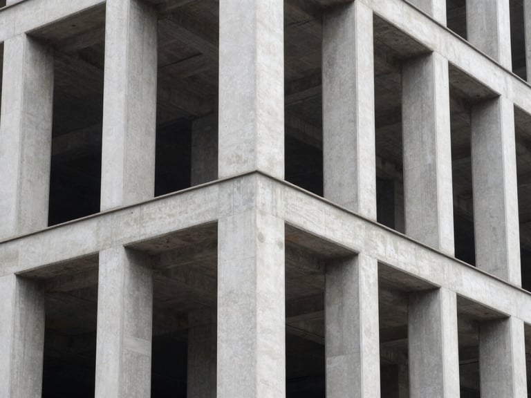 Close up of structural steel joints and concrete pillars at a municipal building site, crisp architectural photography.