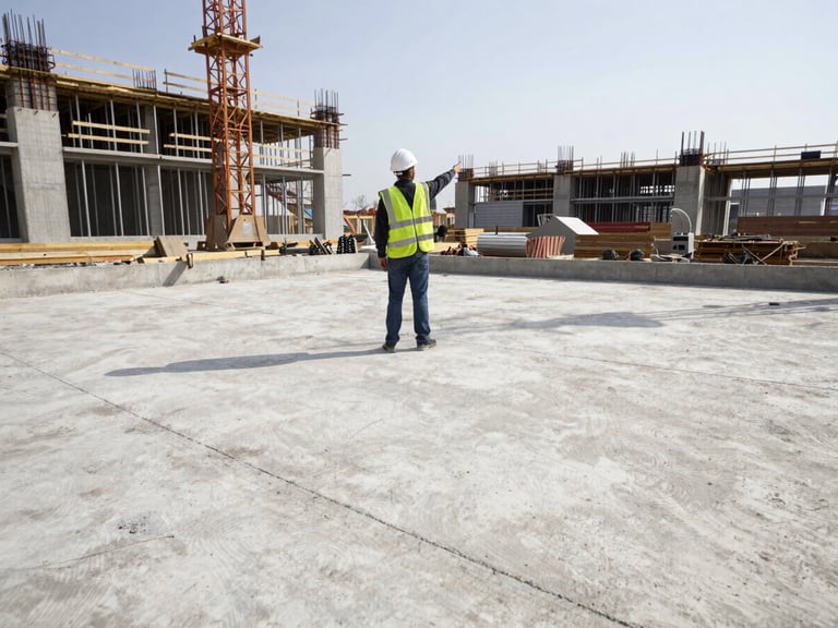 Wide environmental shot of a civil engineer pointing at a concrete foundation pour, active construction site in the background, realistic industrial tones.