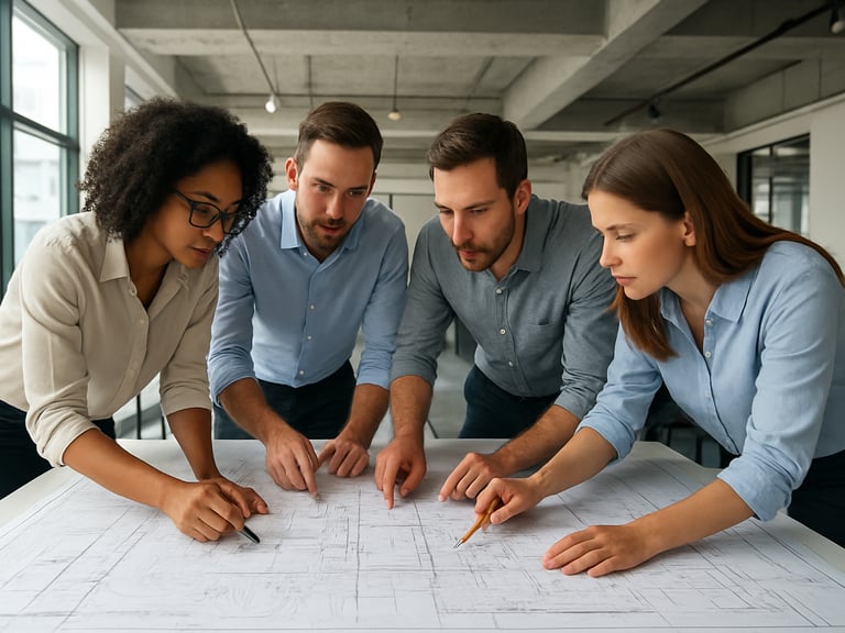 Engineers collaborating over wide site plans in a bright, modern office setting.