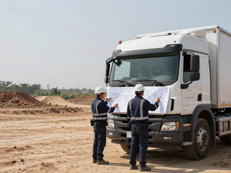 Engineers in high-vis gear reviewing large physical blueprints on the hood of a branded fleet truck at an active dirt site, bright natural daylight.