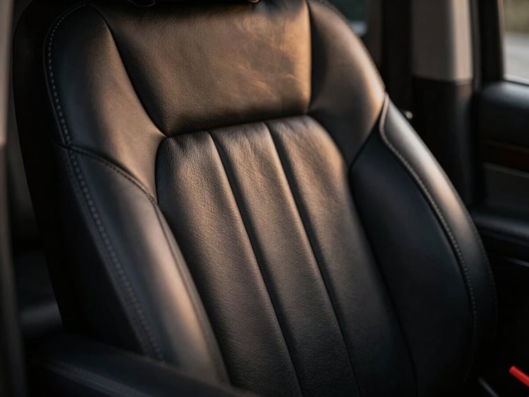 Macro close-up of pristine black leather seating in a Mercedes Vito, soft warm light highlighting the stitching, luxury cabin atmosphere, 50mm lens
