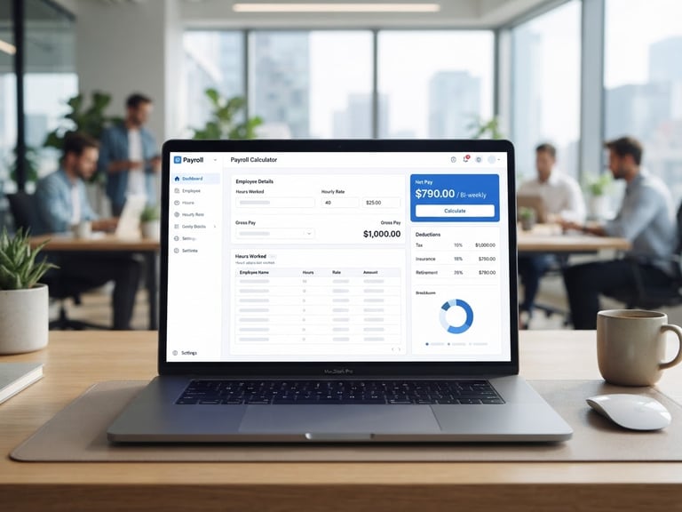 A clean, high-fidelity UI mockup of a payroll calculator on a laptop screen, bright office daylight, corporate blue accents, sharp focus