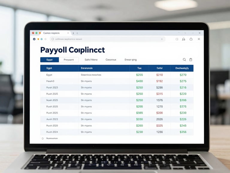 A clean, high-fidelity UI mockup of a payroll compliance report on a laptop screen, showing structured data tables, tax calculations for Egypt and Saudi Arabia, bright office daylight.