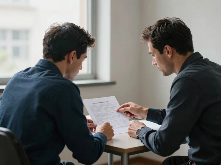 Medium shot from the side of two men seated at a small table reviewing a printed document together, one pointing at a line on the page, natural light from a nearby window, plain office setting, no faces directly facing camera
