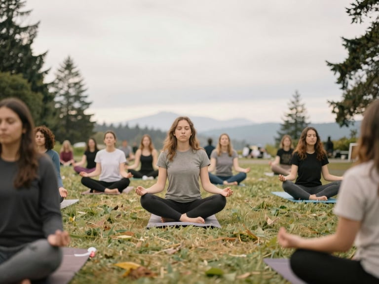 Community members participating in a gentle outdoor wellness activity in a local park, soft overcast Pacific Northwest skies, warm organic tones, shallow depth of field, 35mm.