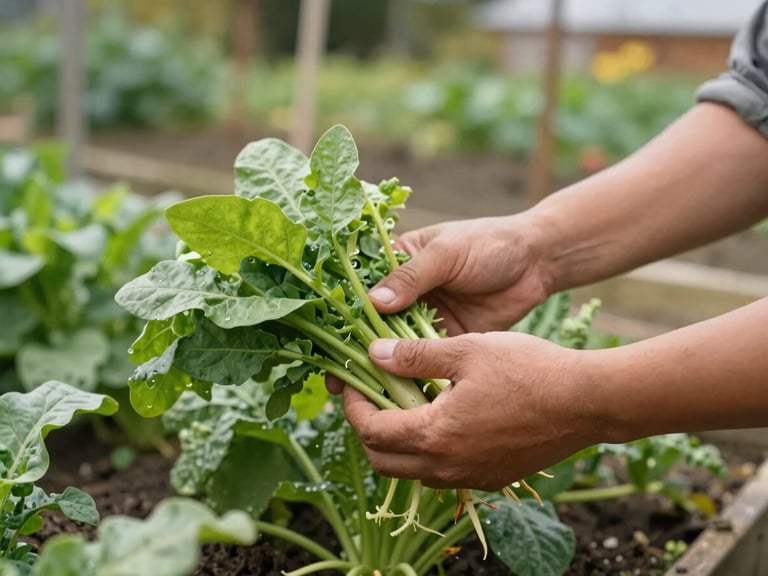 Close-up of hands harvesting fresh vegetables in a thriving community garden, natural Pacific Northwest daylight, warm organic tones, shallow depth of field, 35mm.