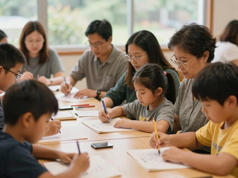Diverse group of adults and children engaged in a collaborative learning workshop, focused on hands-on activity, natural Pacific Northwest daylight, warm organic tones, shallow depth of field, 35mm.