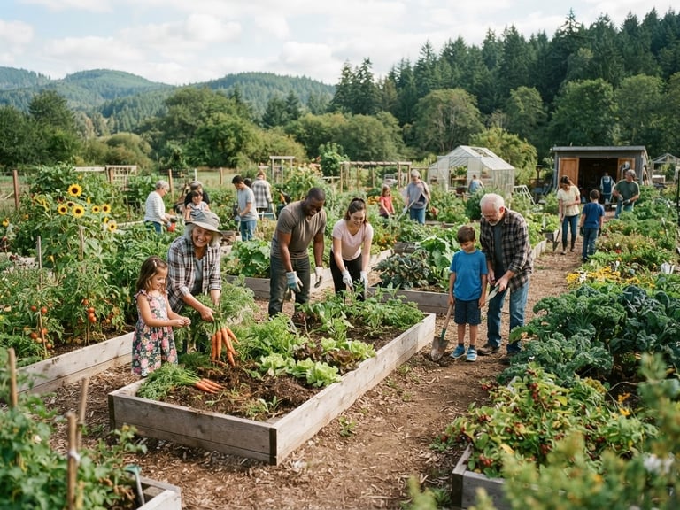 Wide panoramic view of a community garden in Washington State, diverse volunteers of all ages working together, natural Pacific Northwest daylight, warm organic tones, shallow depth of field, 35mm