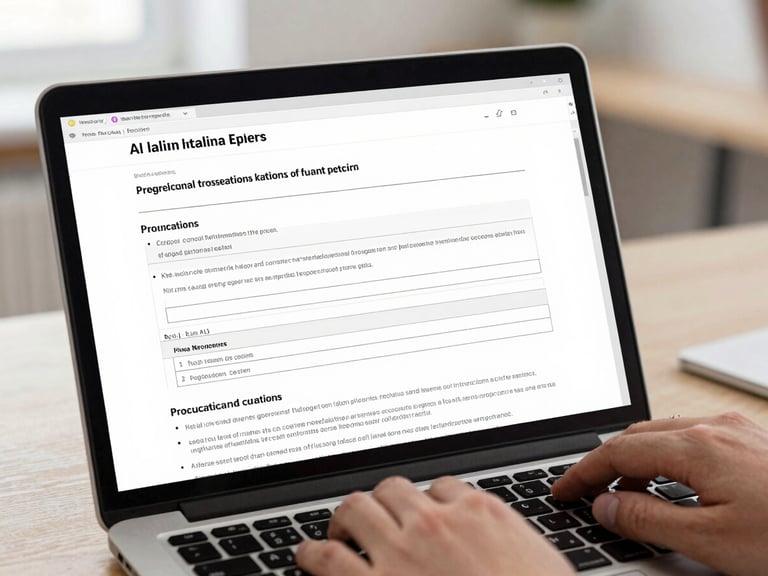 Laptop screen showing an AI-assisted Italian legal expert report draft with procedural section headers and editable text fields, hands resting near keyboard ready to revise, bright even office light, tight framing on the document content