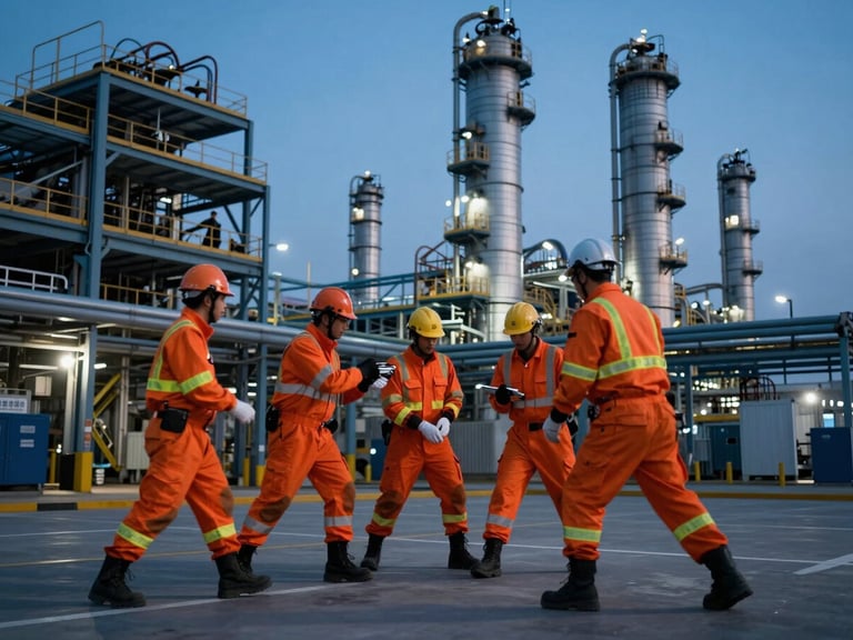 Industrial safety engineers in high-visibility orange gear conducting emergency response drill next to refinery infrastructure, cool blue evening light, dynamic motion blur