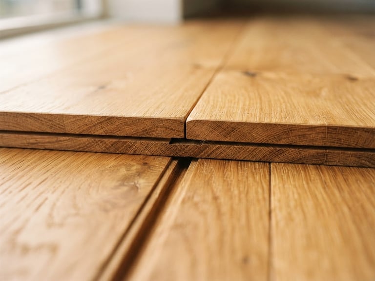 macro detail of raw oak tongue and groove joint, soft side-lit window daylight, rich golden tones, 35mm