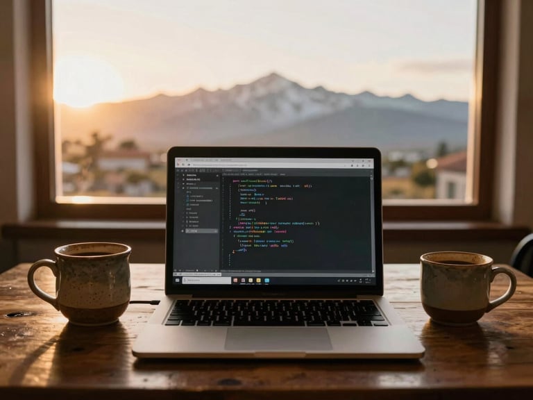 First-person perspective of a cozy cafe workspace in Mendoza, a laptop open showing code, a rustic ceramic mug of coffee, warm golden hour light streaming through a window with a soft silhouette of the Andes mountains in the far background, 35mm film look