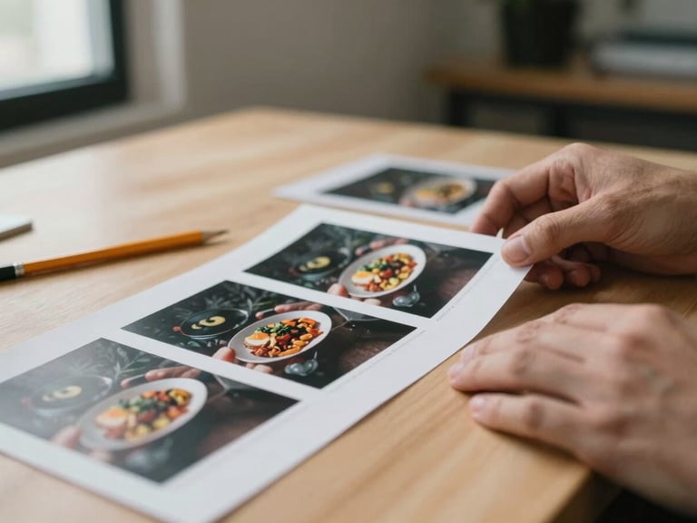 Close-up of two hands reviewing printed contact sheets of food photography on a light wooden desk, a pencil resting nearby, north-facing daylight from the left, shallow depth of field, no faces visible, muted background with a hint of a monitor screen edge