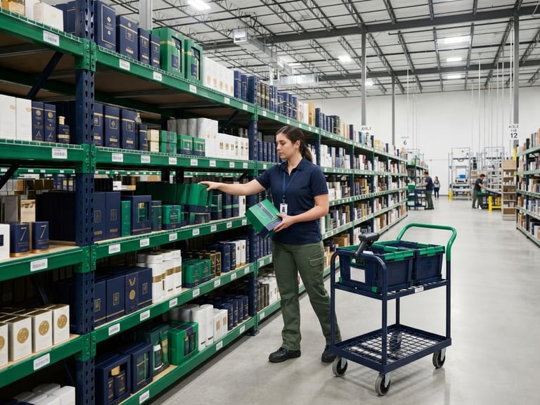 A warehouse worker picks boxes from tall industrial shelves into a cart for distribution center fulfillment.
