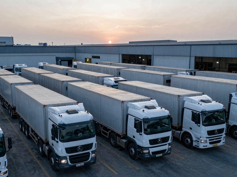 Wide shot of a fleet yard at dawn, heavy trucks parked, industrial setting, cool lighting.