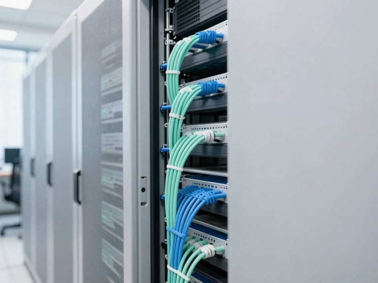 Cloud server infrastructure in a data center, clean cable management, bright natural light, soft blue and mint accents, sharp focus, professional editorial style, 35mm