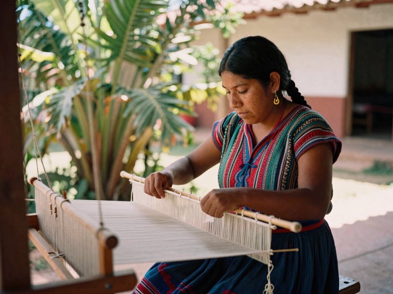 An artisan weaving on a traditional backstrap loom in a sunlit courtyard in Sololá, surrounded by lush green foliage, soft indirect light