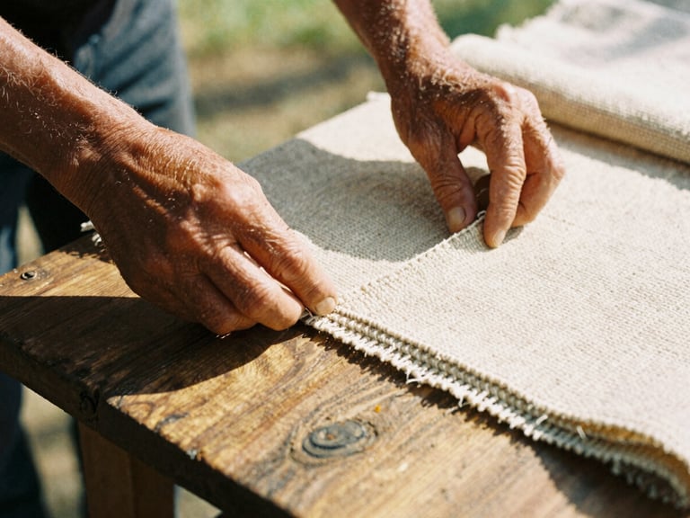Close-up of weathered hands arranging handwoven textiles on a rustic wooden table, warm outdoor daylight, 35mm film texture