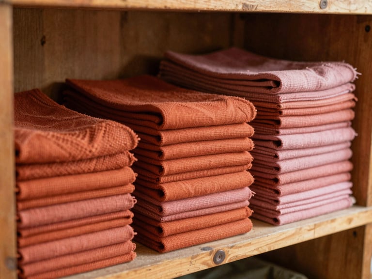 Neatly folded stacks of vibrant terracotta and dusty rose Mayan fabrics inside a warm wooden workshop, soft side lighting highlighting the textile textures