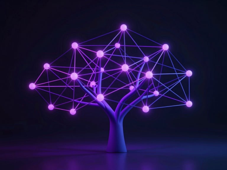 A clean abstract 3D visualization of a decision tree node network, glowing electric violet and deep indigo lines on a dark background, high-fidelity SaaS interface style, cool studio lighting.