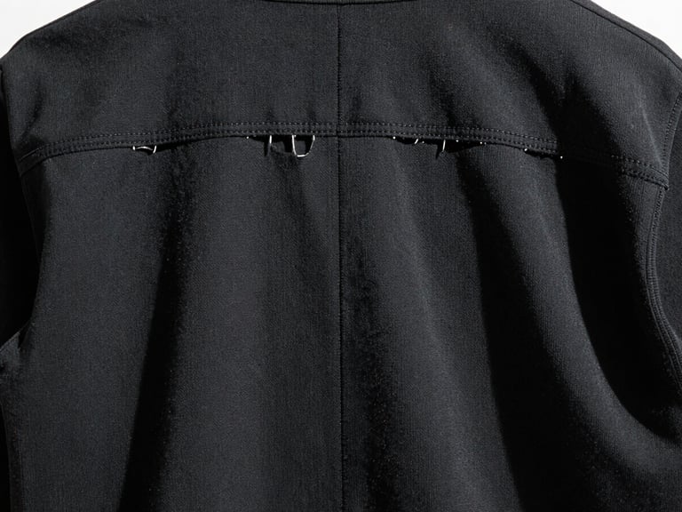 Inside view of a black garment, showing raw-edged seams and precise stitching, under cold industrial lighting, high contrast, 35mm film, sharp focus.