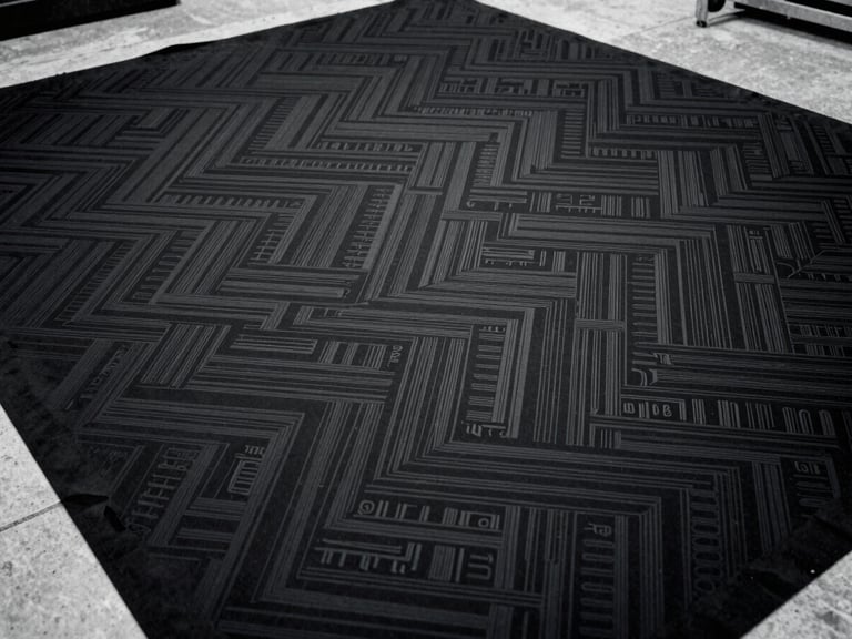 Overhead shot of a complex pattern laid out on black fabric, showing intricate, interlocking shapes, sharp lines, industrial workshop, cold overcast daylight, high contrast, 35mm film, sharp focus.