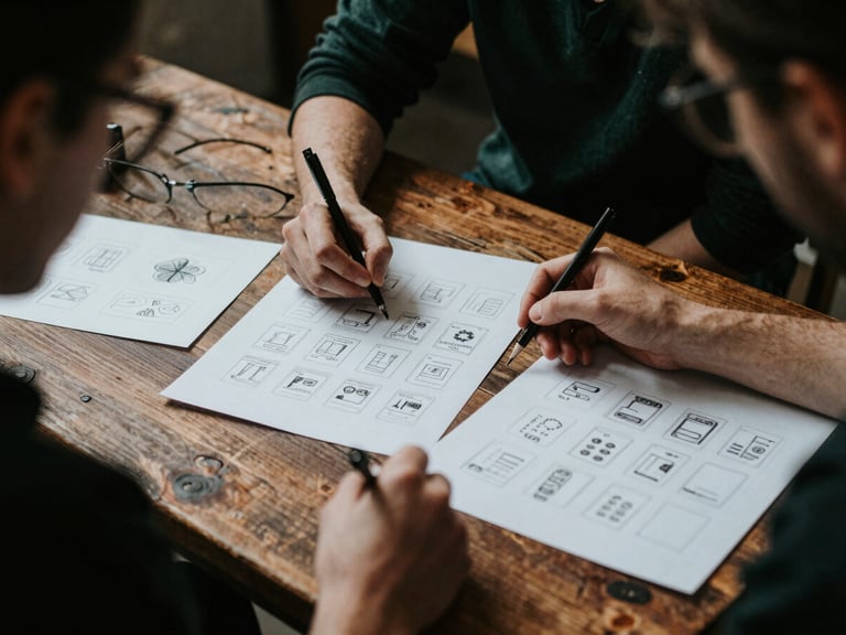 Candid behind-the-scenes photo of Pomodoro creative agency team sketching storyboards and reviewing social media feeds on a rustic wooden table, soft natural side-light, moody shadows, 35mm.