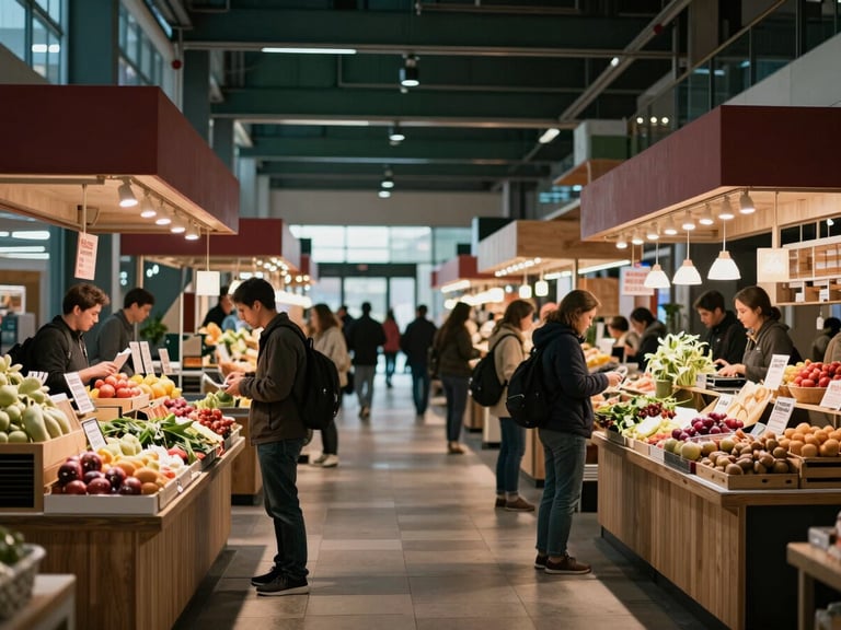 Wide panoramic shot of a bustling modern food market hall with wooden stalls, visitors browsing, soft ambient lighting, 35mm