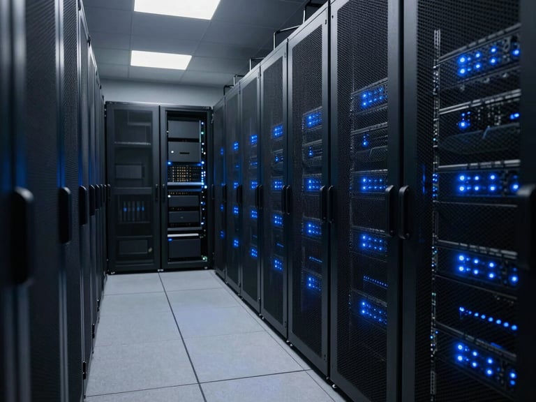 Wide panoramic shot of a modern sovereign data center corridor, dark server racks with blinking soft blue led indicators, clean architectural lines