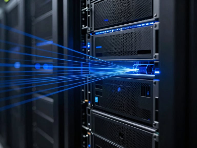 Abstract technical schematic overlaying a dark server rack environment, thin blue laser lines, futuristic scientific visualization, 16:9 landscape aspect