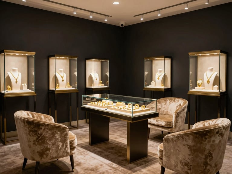 Cinematic wide shot of a luxurious private jewelry viewing room, velvet armchairs in champagne gold, dark charcoal walls, soft warm spotlights on glass cases displaying gold ornaments.